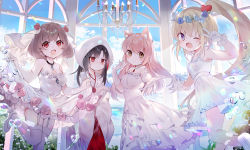 Rule 34 | 4girls, :d, ;d, amafuyu, animal ear fluff, animal ears, bad id, bad pixiv id, black hair, blonde hair, blush, breasts, brown hair, bubble, chandelier, chinese commentary, commentary request, day, dress, dress flower, elbow gloves, flower, gloves, hand up, head wreath, high heels, highres, hood, hood up, indoors, japanese clothes, jewelry, kimono, long hair, long sleeves, looking at viewer, looking away, medium breasts, medium hair, multiple girls, one eye closed, open mouth, original, outstretched arm, pendant, pink flower, pink hair, pink rose, ponytail, purple eyes, red eyes, rose, sky, small breasts, smile, standing, standing on one leg, strapless, strapless dress, thighhighs, v, veil, very long hair, wedding dress, white dress, white footwear, white gloves, white kimono, white legwear