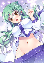Rule 34 | 1girl, :o, ^^^, accidental exposure, blush, breasts, clothes pull, detached sleeves, frog hair ornament, green hair, groin, hair ornament, kochiya sanae, large breasts, long hair, mauve, midriff, navel, no panties, nose blush, open mouth, pants falling, skirt, skirt pull, snake hair ornament, solo, tareme, team shanghai alice, touhou, wardrobe malfunction, wide-eyed, yellow eyes