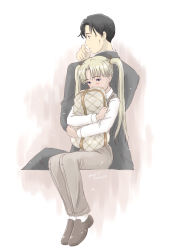 Rule 34 | 00s, 1boy, 1girl, black hair, blonde hair, brown eyes, brown footwear, gift, gunslinger girl, half-closed eyes, height difference, holding, loafers, long sleeves, looking back, pants, profile, shoes, simple background, sitting, stuffed animal, stuffed toy, takahashi mugi, teddy bear, triela, twintails, victor hillshire, white background