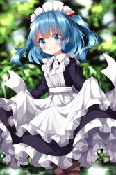 Rule 34 | 1girl, apron, blue eyes, blue hair, blurry, blurry background, blush, closed mouth, clothes lift, commentary request, hair bobbles, hair ornament, highres, kawashiro nitori, lifting own clothes, looking at viewer, maid, maid headdress, medium hair, ruu (tksymkw), smile, solo, touhou, two side up, white apron