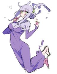 Rule 34 | 1girl, alternate color, antenna hair, bad id, bad pixiv id, barefoot, blush, breasts, bright pupils, closed mouth, collarbone, covered navel, creatures (company), dress, finger to mouth, fingernails, full body, game freak, gen 6 pokemon, goodra, green eyes, green nails, hair between eyes, hair bun, hair ornament, heart, index finger raised, jumping, knees together feet apart, kz 609, large breasts, long dress, long hair, long sleeves, looking at viewer, nail polish, nintendo, personification, pokemon, pokemon xy, purple dress, purple hair, shiny clothes, sidelocks, simple background, single hair bun, sketch, skin tight, sleeves past wrists, slime (substance), smile, solo, toenail polish, toenails, turtleneck, white background