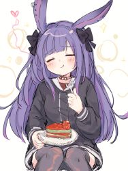 Rule 34 | 1girl, :t, animal ears, arknights, black bow, black shirt, black thighhighs, blush, bow, brown background, cake, cake slice, closed eyes, closed mouth, commentary, ear piercing, eating, facing viewer, feet out of frame, food, fork, hair bow, heart, highres, holding, holding fork, holding plate, knees together feet apart, long hair, meng xue necky, piercing, plate, purple hair, rabbit ears, rope (arknights), shirt, simple background, solo, sparkle, symbol-only commentary, thighhighs, very long hair