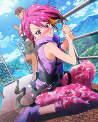 Rule 34 | 10s, 1boy, 1girl, acrophobia, artist request, blush, bungee jumping, camouflage, camouflage pants, clenched teeth, harness, idolmaster, idolmaster million live!, lens flare, looking at viewer, maihama ayumu, multicolored hair, official art, pants, pink eyes, pink hair, railing, scared, teeth, vest, wavy mouth