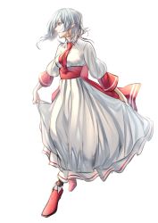 Rule 34 | 1girl, aged up, back bow, bow, breasts, closed mouth, dress, earrings, grey hair, highres, jewelry, long dress, long sleeves, medium breasts, necktie, pointy ears, profile, red eyes, red footwear, red necktie, red sash, remilia scarlet, sash, shoes, shukusuri, simple background, skirt hold, solo, touhou, white background, white dress