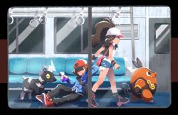 Rule 34 | 1boy, 1girl, bag, bare arms, bare legs, baseball cap, battle subway, black vest, blitzle, blue eyes, blush, brown eyes, brown hair, closed mouth, commentary request, creatures (company), cutoffs, denim, denim shorts, exposed pocket, from side, full body, game freak, gen 5 pokemon, hand grip, hat, high ponytail, highres, hilbert (pokemon), hilda (pokemon), indoors, iroidori4422, jacket, long hair, long sleeves, looking at another, nintendo, one eye closed, open mouth, pants, pignite, pokemon, pokemon (creature), pokemon bw, pulling, pulling another&#039;s clothes, seat, shirt, shoes, short hair, short shorts, shorts, shoulder bag, sidelocks, sleeveless, sleeveless shirt, smile, subway, train interior, vest, walking, white shirt, window, wristband