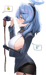 Rule 34 | 1girl, absurdres, ako (blue archive), black skirt, blue archive, blue hair, blue jacket, breasts, garter straps, halo, highres, holding, horn/wood, jacket, large breasts, looking at another, pencil skirt, profile, shirt, sideboob, simple background, skirt, solo, spoken sweatdrop, spoken thumbs up, sweatdrop, white background, white shirt