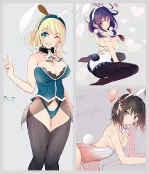 Rule 34 | 10s, 3girls, adapted costume, alternate costume, alternate hairstyle, animal ears, aqua eyes, atago (kancolle), bare shoulders, bent over, black legwear, breasts, brown eyes, brown hair, cleavage, commentary request, eyebrows, fake animal ears, highres, huge breasts, kantai collection, leotard, long hair, looking at viewer, looking back, looking to the side, multiple girls, one eye closed, open mouth, pantyhose, playboy bunny, purple hair, rabbit ears, rabbit tail, red eyes, remodel (kantai collection), ryuuhou (kancolle), sendai (kancolle), short hair, sideboob, taigei (kancolle), tail, tebi (tbd11), thighhighs, twintails, v