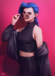 Rule 34 | 1girl, adjusting eyewear, alternate costume, arcane: league of legends, arm tattoo, bare shoulders, black jacket, black pants, black shirt, blue eyes, braid, braided ponytail, breasts, cheesewoo, closed mouth, cowboy shot, crop top, from side, hand on eyewear, highres, jacket, jinx (league of legends), league of legends, long hair, looking at viewer, midriff, off shoulder, pants, pink background, pink eyes, shirt, sleeveless, sleeveless shirt, small breasts, solo, sunglasses, tattoo