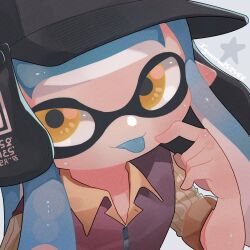 Rule 34 | 1girl, artist name, black hat, blue hair, close-up, collar, commentary request, grey background, hat, highres, iguana152588, inkling, inkling girl, inkling player character, long hair, nintendo, solo, splatoon (series), splatoon 3, star (symbol), tentacle hair, tongue, tongue out, twitter username, yellow eyes