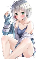 Rule 34 | 1girl, absurdres, aoba moca, bang dream!, blue eyes, blue one-piece swimsuit, blush, closed mouth, collarbone, green jacket, highres, jacket, kawai ritsu (rits meg), light frown, long sleeves, looking at viewer, no pants, off shoulder, one-piece swimsuit, school swimsuit, short hair, silver hair, sitting, sleeves past wrists, solo, swimsuit
