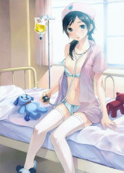 Rule 34 | 1girl, absurdres, bed, black eyes, black hair, blue bra, blue panties, bottomless, bow, bow bra, bow panties, bra, bra pull, breasts, clothes pull, hat, highres, hospital bed, intravenous drip, kishida mel, lingerie, nipples, nurse, nurse cap, open clothes, open shirt, original, panties, shirt, sitting, slippers, solo, stethoscope, strap slip, stuffed animal, stuffed toy, thighhighs, twintails, underwear, white thighhighs, window