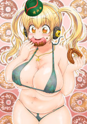 Rule 34 | 1girl, bare arms, bare legs, bare shoulders, barefoot, belly, bikini, blonde hair, blush, breasts, camouflage, camouflage bikini, camouflage headwear, cleavage, collarbone, curvy, doughnut, eating, eyebrows, food, food in mouth, food on face, glutton, hair between eyes, highres, jewelry, large breasts, long hair, muffin top, navel, necklace, nitroplus, open mouth, orange eyes, plump, renntaikan, skindentation, solo, star (symbol), star necklace, stomach, super pochaco, sweat, swimsuit, twintails, wide-eyed