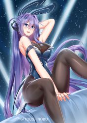 Rule 34 | absurdly long hair, absurdres, animal ears, arms behind head, azur lane, between legs, black pantyhose, blue eyes, blue hair, bodystocking, breasts, cleavage, fake animal ears, hair between eyes, hair ornament, hand between legs, highres, katou shinobu, leotard, long hair, new jersey (azur lane), new jersey (exhilarating steps!) (azur lane), official alternate costume, pantyhose, playboy bunny, pole, rabbit ears, see-through, see-through cleavage, sitting, smile, solo, stripper pole, tail, thighhighs, very long hair