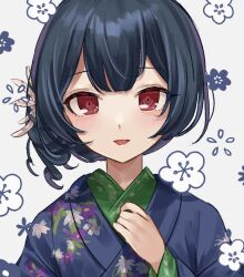 Rule 34 | 1girl, amazakura, black hair, blush, flower, hair flower, hair ornament, hand on own chest, idolmaster, idolmaster shiny colors, japanese clothes, kimono, long sleeves, looking at viewer, morino rinze, open mouth, portrait, red eyes, side ponytail, smile, solo