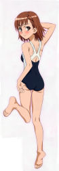 Rule 34 | 1girl, absurdres, adjusting clothes, adjusting swimsuit, ass, back, bare shoulders, barefoot, blush, breasts, brown eyes, brown hair, competition swimsuit, dakimakura (medium), eyelashes, feet, fingernails, full body, hara shuuichi, highres, kneepits, long image, looking at viewer, looking back, lying, misaka mikoto, non-web source, on stomach, one-piece swimsuit, short hair, simple background, skindentation, solo, swimsuit, tall image, toaru kagaku no railgun, toaru majutsu no index, toes, white background