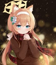 Rule 34 | 105961, 1girl, alternate costume, animal ear fluff, animal ears, aqua eyes, blue archive, blurry, blurry background, blush, brown coat, casual, cat ears, christmas, closed mouth, coat, commentary request, double-parted bangs, eyelashes, flower, fringe trim, hair between eyes, hair flower, hair ornament, hair ribbon, hairband, halo, hand on own hip, hands up, happy, highres, leaf hair ornament, light particles, long hair, long sleeves, looking at viewer, low twintails, mari (blue archive), night, outdoors, partial commentary, plaid, plaid scarf, red scarf, ribbon, scarf, simple background, smile, solo, tsurime, twintails, upper body, very long hair, white flower, white hairband, white ribbon, winter, winter clothes, yellow halo