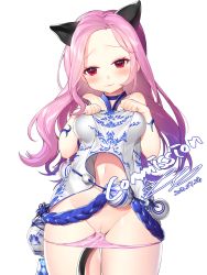Rule 34 | 1girl, absurdres, animal ears, bad id, bad pixiv id, bare shoulders, between legs, blade &amp; soul, blush, breasts, cat ears, cat girl, cat tail, cleft of venus, clothes lift, commentary, commission, dated, dress, dress lift, english commentary, english text, forehead, groin, head tilt, highres, ia (ias1010), lifted by self, long hair, medium breasts, navel, original, parted bangs, parted lips, pussy, pussy juice, red eyes, smile, solo, tail, tail between legs, uncensored, very long hair, white background, white dress
