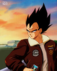 Rule 34 | 1boy, absurdres, aircraft, airplane, black eyes, black hair, brown jacket, bulma, capsule corp, character name, commentary request, cosplay, dragon ball, dragonball z, furrowed brow, hangar, highres, holding, holding photo, jacket, jet, male focus, official style, orange sky, pete &quot;maverick&quot; mitchell, pete &quot;maverick&quot; mitchell (cosplay), photo (object), salvamakoto, signature, sky, solo, spanish commentary, top gun, upper body, vegeta, widow&#039;s peak