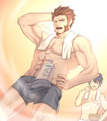 Rule 34 | 2boys, abs, absurdres, alternate costume, bara, black hair, blue eyes, blush, boxer briefs, brown hair, bulge, command spell, facial hair, fate/grand order, fate (series), fujimaru ritsuka (male), goatee, hand on own hip, hand on own head, highres, large pectorals, long sideburns, looking at viewer, male focus, male underwear, multiple boys, muscular, muscular male, napoleon bonaparte (fate), no pants, object on bulge, one eye closed, open mouth, pectorals, scar, shampoo bottle, shampoo challenge, short hair, sideburns, simple background, smile, stomach, topless male, towel, underwear, underwear only, upper body, watermark, wet, yaekaidou
