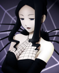 Rule 34 | 00s, 1girl, arachne (soul eater), bad id, bad pixiv id, bare shoulders, black dress, black gloves, black hair, blue eyes, breasts, bug, cleavage, dress, elbow gloves, expressionless, gloves, jewelry, large breasts, lipstick, long hair, makeup, necklace, pale skin, pendant, sidelocks, silk, siraha, solo, soul eater, spider, spider web, upper body