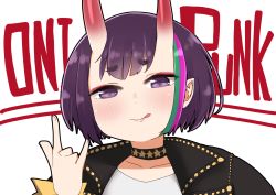 Rule 34 | 1girl, :p, black choker, black jacket, blush, choker, closed mouth, collarbone, english text, fate/grand order, fate (series), green hair, hand up, highres, horns, i.u.y, jacket, looking at viewer, m/, multicolored hair, oni, open clothes, open jacket, pink hair, purple eyes, purple hair, shirt, short eyebrows, short hair, shuten douji (fate), simple background, skin-covered horns, smile, solo, streaked hair, text background, thick eyebrows, tongue, tongue out, white background, white shirt