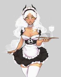 Rule 34 | 1girl, apron, black horns, blush, breasts, choker, cleavage, cloudbae (madyaxx), cowboy shot, dark-skinned female, dark skin, dress, earrings, fingernails, frilled apron, frilled choker, frilled dress, frills, grey background, hair between eyes, heart, heart-shaped pupils, highres, holding, holding tray, horns, jewelry, leg tattoo, long fingernails, long hair, madyaxx, maid, maid apron, maid headdress, medium breasts, necklace, original, parted lips, pleated dress, pointy ears, puffy short sleeves, puffy sleeves, sharp fingernails, short sleeves, signature, simple background, solo, symbol-shaped pupils, tattoo, thick lips, thick thighs, thighhighs, thighs, tray, very long hair, wavy hair, white apron, white choker, white hair, white thighhighs, yellow eyes