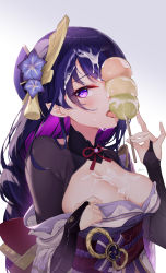 Rule 34 | 1girl, absurdres, blue flower, blush, braid, breasts, bridal gauntlets, cleavage, commentary request, cum, cum in mouth, cum on body, cum on hair, cum on upper body, dango, eyes visible through hair, flower, food, genshin impact, hair flower, hair ornament, haku89, highres, holding, holding food, japanese clothes, kimono, large breasts, licking, long hair, looking at viewer, milk, mitsudomoe (shape), mole, mole under eye, obi, open mouth, phallic symbol, purple eyes, purple hair, purple kimono, raiden shogun, sash, sexually suggestive, signature, simple background, solo, suggestive fluid, tassel, tomoe (symbol), tongue, tongue out, upper body, wagashi, white background
