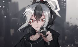 Rule 34 | 1girl, aiming, aiming at viewer, black hair, blue archive, city, gun, halo, handgun, holding, holding gun, holding weapon, kayoko (blue archive), long hair, looking at viewer, ponytail, red eyes, solo, surprised, user jgdc3548, weapon, white hair