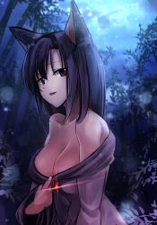 Rule 34 | 1girl, animal ears, bamboo, bamboo forest, breasts, brooch, brown eyes, brown hair, cleavage, cleavage reach, clothes pull, dark, dress, fangs, forest, imaizumi kagerou, janne cherry, jewelry, long hair, long sleeves, looking at viewer, nature, night, no bra, off shoulder, open mouth, red eyes, seductive smile, smile, solo, sparkle, touhou, upper body, wide sleeves, wolf ears
