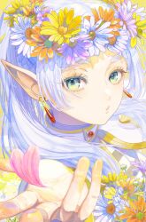 Rule 34 | 1girl, absurdres, capelet, drop earrings, earrings, elf, flower, flower wreath, frieren, green eyes, head wreath, heart, highres, jewelry, long hair, looking at viewer, nakauma, pointy ears, puckered lips, solo, sousou no frieren, twintails, upper body, white capelet, white hair