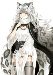 Rule 34 | 1girl, absurdres, animal ear fluff, animal ears, arknights, bead necklace, beads, belt, black belt, black cape, blush, cape, commentary, cowboy shot, dress, grey eyes, grey thighhighs, hair between eyes, head chain, highres, jewelry, koret owo, leopard ears, leopard tail, long hair, long sleeves, looking at viewer, necklace, pelvic curtain, pouch, pramanix (arknights), silver hair, simple background, solo, standing, tail, thighhighs, thighs, turtleneck, turtleneck dress, very long hair, wavy hair, white background, white dress, wide sleeves