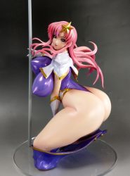 Rule 34 | 1girl, arched back, ass, bent over, blue eyes, blush, bouncing breasts, breasts, covered erect nipples, curvy, female focus, figure, gloves, gundam, gundam seed, gundam seed destiny, hair ornament, highleg, highres, hip focus, huge ass, huge breasts, leotard, long hair, looking at viewer, looking back, meer campbell, open mouth, photo (medium), pink hair, pole, purple leotard, shiny clothes, shiny skin, skin tight, smile, solo, star (symbol), star hair ornament, thick thighs, thighs, thong leotard, unaligned breasts, white gloves