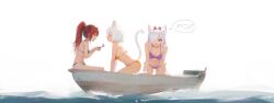 Rule 34 | 3girls, absurdres, ai-assisted, animal ear fluff, animal ears, bikini, boat, breasts, cat ears, cat girl, cat tail, character request, chrisdasa, cleavage, closed eyes, copyright request, highres, looking at another, medium breasts, multiple girls, open mouth, outdoors, ponytail, purple eyes, red eyes, red hair, short hair, side-tie bikini bottom, string bikini, swimsuit, tail, water, watercraft, white background