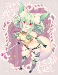 Rule 34 | 1girl, animal ears, bare shoulders, blush, boots, braid, breasts, buttons, cleavage, cleavage cutout, clothing cutout, drill hair, elbow gloves, eyebrows, fingerless gloves, fluffy, fur collar, fur trim, gloves, green hair, hair between eyes, halterneck, highres, hira taira, knee boots, large breasts, leaning forward, long hair, looking at viewer, looking up, open mouth, original, panties, pixiv fantasia, pixiv fantasia t, red eyes, sidelocks, signature, smile, solo, staff, stomach, tail, thigh strap, thighs, twin braids, underwear