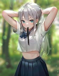 Rule 34 | 1girl, arms up, blouse, blue bow, blue bowtie, blue eyes, blurry, blurry background, blush, bow, bowtie, breast pocket, cbi cbi, commentary, grey hair, hair between eyes, highres, long hair, looking at viewer, midriff, mouth hold, original, pleated skirt, pocket, ponytail, ribbon, ribbon in mouth, school uniform, serafuku, shirt, short sleeves, skirt, solo, symbol-only commentary, tying hair, white shirt