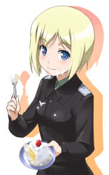 Rule 34 | 00s, 1girl, bad id, bad pixiv id, blonde hair, blue eyes, cake, commentary, cum, cum on food, eating, erica hartmann, facial, food, food on face, messy, pastry, sexually suggestive, short hair, smile, solo, strike witches, suggestive fluid, world witches series, youkan