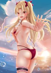 Rule 34 | 1girl, absurdres, ass, bikini, blonde hair, blush, breasts, cloud, commentary request, covering privates, covering breasts, embarrassed, ereshkigal (fate), fate/grand order, fate (series), hair ribbon, highres, long hair, looking at viewer, looking back, ocean, open mouth, outdoors, outstretched hand, pucci-la-pucci, red bikini, red eyes, ribbon, sideboob, small breasts, solo, splashing, sweatdrop, swimsuit, thigh strap, two side up, wardrobe malfunction