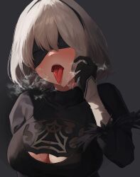 Rule 34 | 1girl, 2b (nier:automata), absurdres, black blindfold, black dress, black hairband, blindfold, blush, breasts, cleavage, cleavage cutout, clothing cutout, commentary request, dio nand, dress, grey background, grey hair, hairband, hand up, heavy breathing, highres, juliet sleeves, large breasts, long sleeves, nier:automata, nier (series), open mouth, parted lips, puffy sleeves, short hair, simple background, solo, sweat, tongue, tongue out, upper body