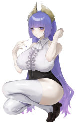 Rule 34 | 1girl, absurdres, bare shoulders, blush, breasts, brown footwear, closed mouth, collared shirt, frilled shirt, frills, full body, headpiece, highres, hime cut, kataku musou, large breasts, long hair, looking at viewer, nail polish, original, purple eyes, purple hair, purple nails, shirt, shoes, short shorts, shorts, simple background, skindentation, solo, squatting, thick thighs, thighhighs, thighs, tiptoes, white background, white thighhighs