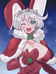 Rule 34 | 1girl, adapted costume, ahoge, animal ears, aqua eyes, breasts, capelet, clover, dress, elphelt valentine, four-leaf clover, fur-trimmed capelet, fur trim, gloves, guilty gear, guilty gear xrd, hairband, highres, huge ahoge, ky4274, large breasts, looking at viewer, one eye closed, open mouth, red capelet, red dress, red gloves, santa dress, santa gloves, short hair, smile, spiked hairband, spikes, white hair