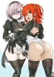 Rule 34 | 2girls, 3:, :d, ahoge, asanagi, ass, black dress, black gloves, black hairband, black legwear, blush, boots, breasts, cleavage, cleavage cutout, closed mouth, clothing cutout, cosplay, cowboy shot, cross-laced footwear, dress, elbow gloves, fate/grand order, fate (series), feather-trimmed sleeves, from behind, fujimaru ritsuka (female), gloves, hair ornament, hair over one eye, hair scrunchie, hairband, highres, juliet sleeves, leotard, long sleeves, looking at viewer, looking back, mash kyrielight, medium breasts, mole, mole under mouth, multiple girls, nier:automata, nier (series), no blindfold, nose blush, open mouth, orange eyes, pale skin, puffy long sleeves, puffy sleeves, purple eyes, scrunchie, short hair, side ponytail, silver hair, simple background, skindentation, smile, sweatdrop, thigh boots, thighhighs, white background, white leotard, 2b (nier:automata), 2b (nier:automata) (cosplay)