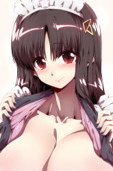 Rule 34 | 10s, 1girl, aloe (fantasista doll), black hair, blush, breasts, breasts out, cleavage, fantasista doll, hair ornament, hairclip, huge breasts, long hair, looking at viewer, maid headdress, open clothes, open shirt, out-of-frame censoring, red eyes, shirt, smile, solo, tokyo (great akuta)