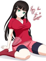 Rule 34 | 1girl, absurdres, alternate hairstyle, artist name, artist request, black hair, black shorts, blunt bangs, breasts, female focus, goluser, green eyes, hair ornament, hairclip, highres, hime cut, kurosawa dia, long hair, looking at viewer, love live!, love live! school idol festival, love live! sunshine!!, medium breasts, mole, mole under mouth, pink shorts, red legwear, red shirt, shirt, shorts, shorts under skirt, smile, solo, white background
