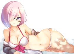 Rule 34 | 1girl, adapted costume, ashino, bare shoulders, bikini, black-framed eyewear, blush, bow, bow bikini, breasts, cleavage, collarbone, dappled sunlight, eyebrows, fate/grand order, fate (series), glasses, grey shirt, hair over one eye, lying, mash kyrielight, mash kyrielight (swimsuit of perpetual summer), medium breasts, multicolored eyes, navel, off shoulder, official alternate costume, on side, open clothes, open shirt, parted lips, pink bow, pink hair, purple eyes, semi-rimless eyewear, shirt, short hair, simple background, solo, stomach, sunlight, swimsuit, under-rim eyewear, white background, white bikini, yellow eyes