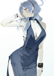 Rule 34 | 1girl, absurdres, ako (blue archive), bare shoulders, blue archive, blue dress, blue eyes, breasts, cleavage, dress, grey hair, highres, large breasts, long hair, simple background, solo, standing, yougashi
