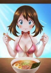 Rule 34 | 1girl, absurdres, bikini, blue eyes, bowl, breasts, brown hair, chopsticks, cleavage, creatures (company), egg (food), food, game freak, highres, holding, holding chopsticks, holding spoon, may (pokemon), medium breasts, milmil7, nintendo, noodles, pokemon, pokemon (anime), pokemon ranger and the temple of the sea, pokemon rse (anime), ramen, smile, solo, spoon, swimsuit, twitter username, upper body