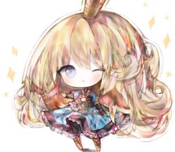 Rule 34 | 1girl, ;o, armor, armored boots, armored dress, bad id, bad pixiv id, black gloves, blonde hair, blue dress, blue eyes, blush, boots, charlotta (granblue fantasy), chibi, commentary request, cottontailtokki, crown, dress, fingerless gloves, frilled dress, frills, gloves, granblue fantasy, harvin, long hair, looking at viewer, mini crown, one eye closed, outstretched arm, parted lips, pointy ears, puffy short sleeves, puffy sleeves, shadow, short sleeves, solo, sparkle, standing, very long hair, white background
