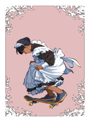 Rule 34 | 1girl, apron, black footwear, black hair, curtsey, dark-skinned female, dark skin, dress, frilled apron, frills, highres, long sleeves, maid, maid apron, maid headdress, original, pink background, profile, shoes, skateboard, skateboarding, skirt hold, solo, suzushiro (suzushiro333), white apron
