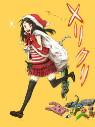Rule 34 | 1girl, black hair, black thighhighs, christmas, elbow gloves, fish, game console, gloves, highres, homeko (artist), legs, playstation 1, product placement, red eyes, red gloves, sack, santa costume, shirt, skirt, solo, striped clothes, striped shirt, thighhighs