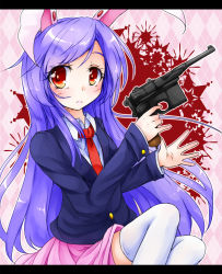 Rule 34 | 1girl, animal ears, argyle, argyle background, argyle clothes, black jacket, blazer, blush, closed mouth, collared shirt, commentary request, cookie (touhou), feet out of frame, gun, handgun, hisui (cookie), holding, holding gun, holding weapon, jacket, letterboxed, long hair, long sleeves, looking to the side, mauser c96, necktie, neko mata, pink background, pink skirt, pistol, pleated skirt, purple hair, rabbit ears, red eyes, red necktie, reisen udongein inaba, shirt, skirt, solo, swept bangs, thighhighs, touhou, weapon, white shirt, white thighhighs